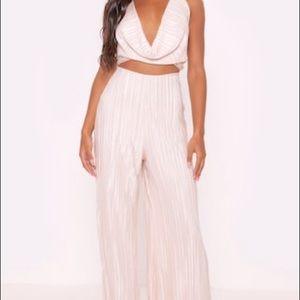 Champagne Pleated Cowl Neck Cut Out Detail Jumpsuit